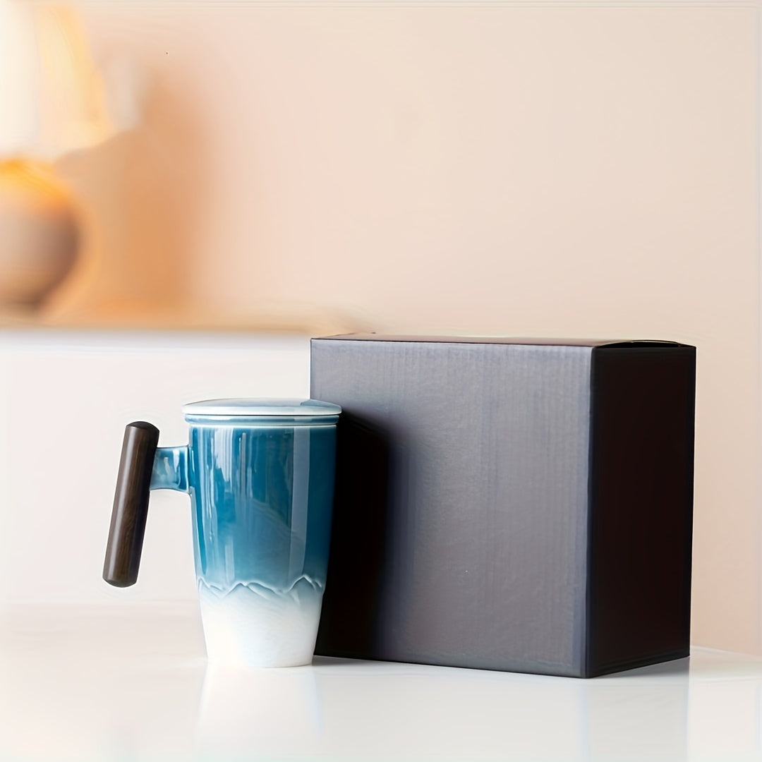 Vintage-Teebecher aus Keramik mit Teesieb und Holzgriff