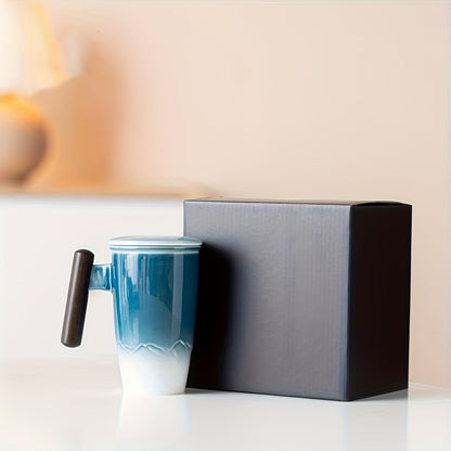 Vintage-Teebecher aus Keramik mit Teesieb und Holzgriff