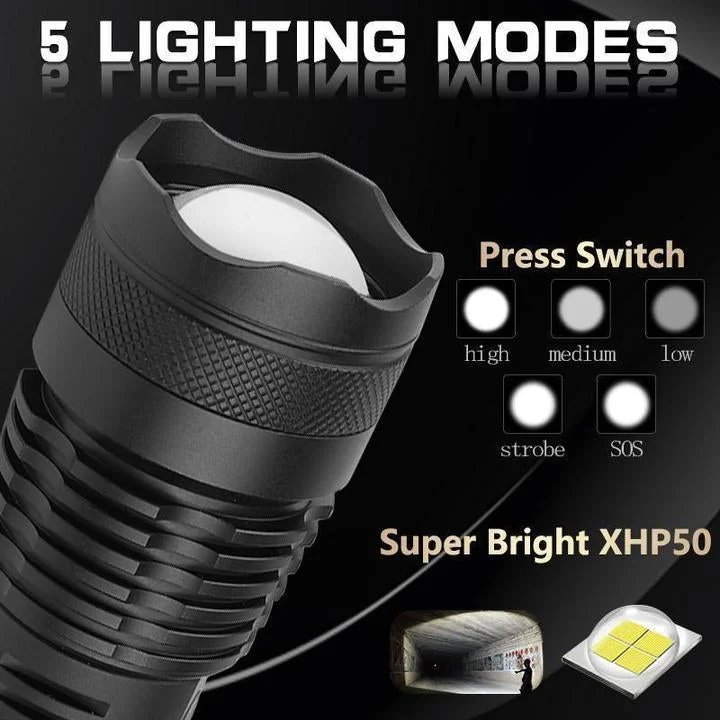 Bright Rechargeable LED Torch - 90,000 Lumens High Power Flashlight