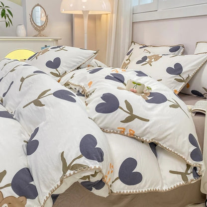 Wunderschönes 4-teiliges Bettwäscheset mit Blumenmuster, bestehend aus Bettbezug und Bettbezug