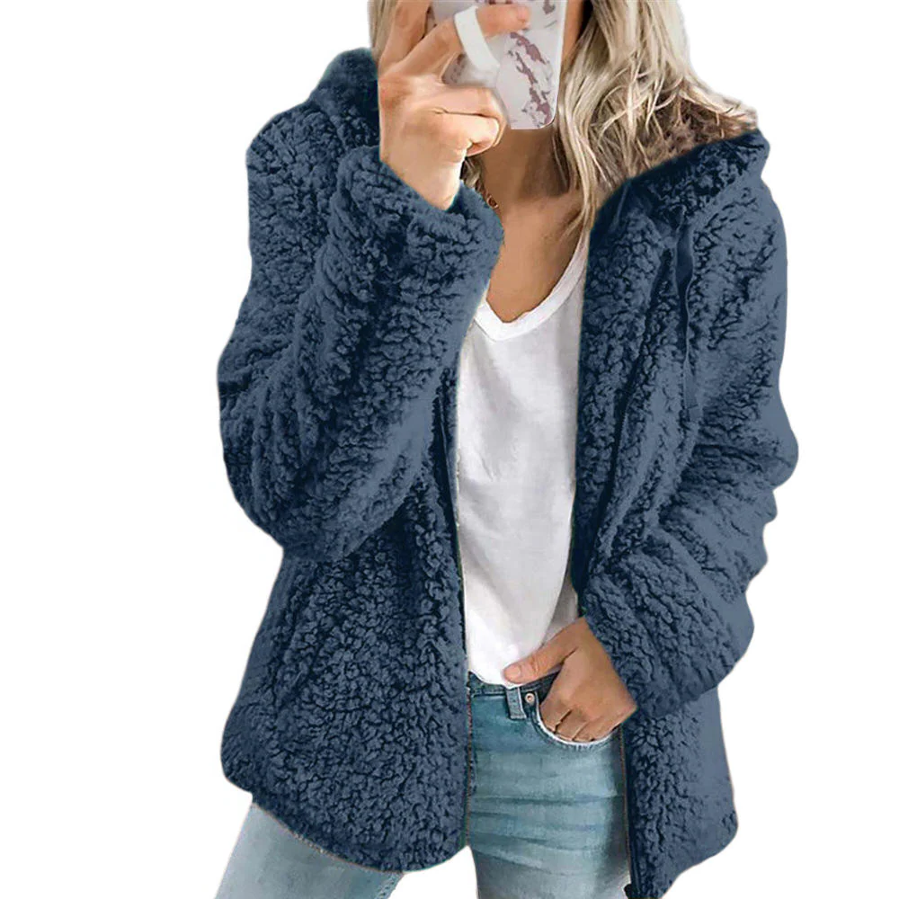 Warm Faux Fur Teddy Coat with Pockets and Zipper
