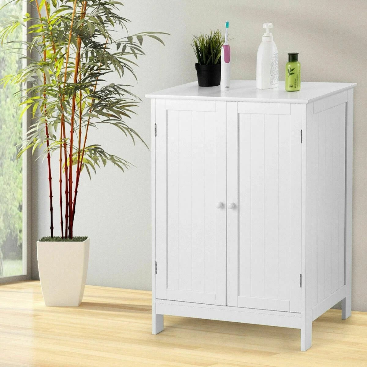 Modern 3 Shelf Bathroom Floor Cabinet with Double Doors