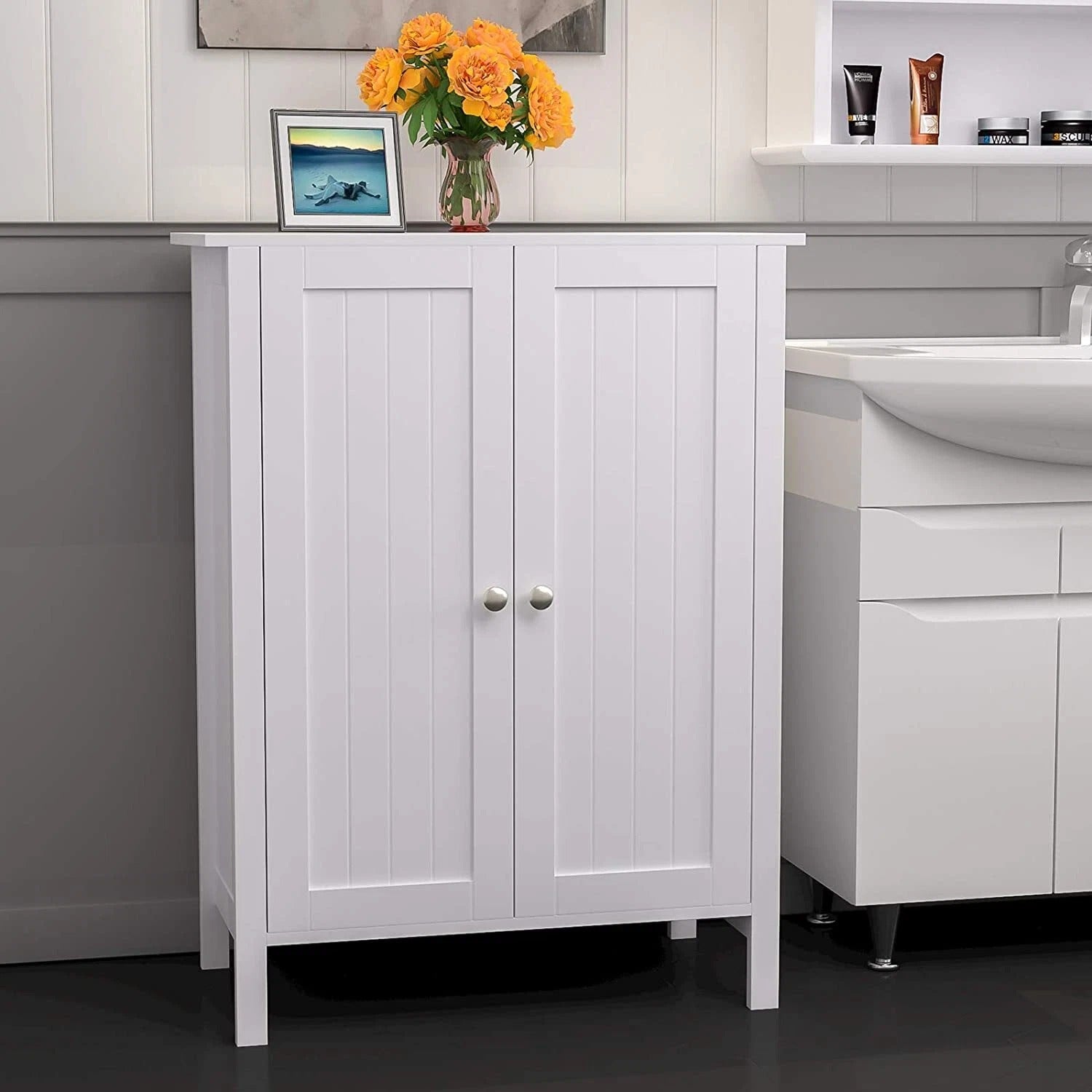 Modern 3 Shelf Bathroom Floor Cabinet with Double Doors - Halri