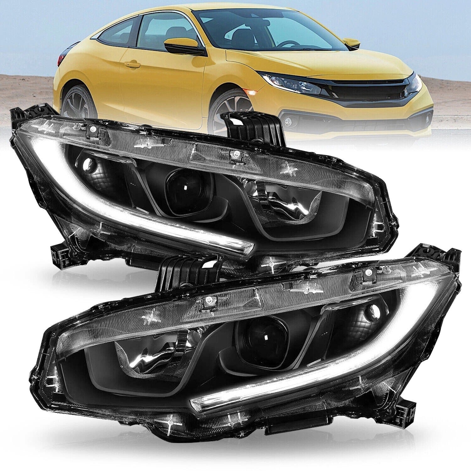 OEM Style Honda Civic Black LED Headlights Pair - Halri