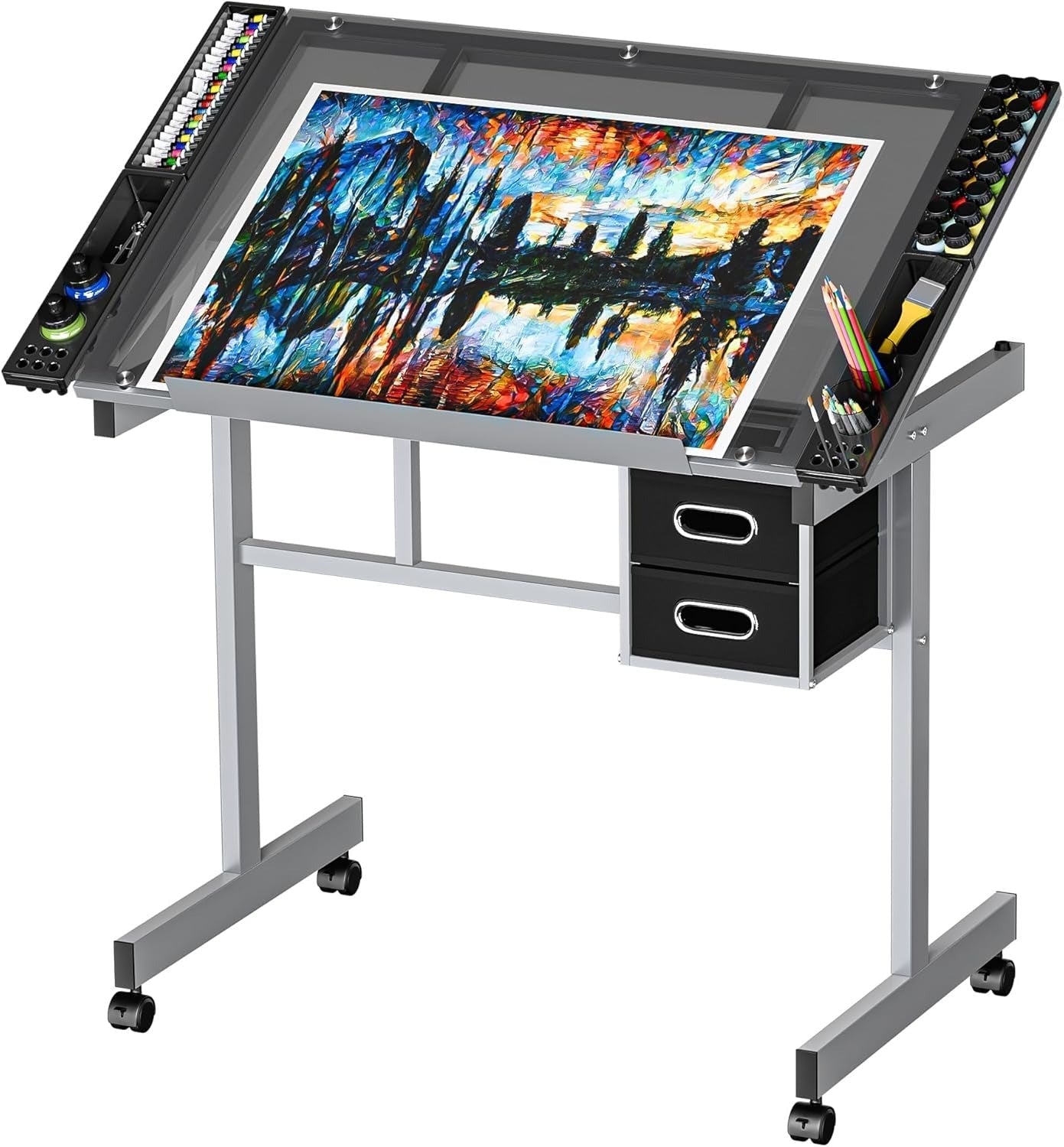 Portable Art Desk with Storage – Mobile Glass Drafting Table - Halri