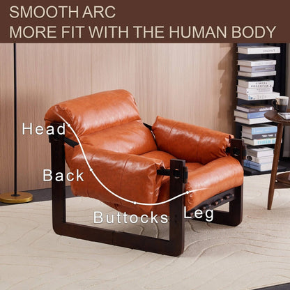 Classic Brown Leather Armchair with Solid Wood Frame