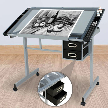 Portable Art Desk with Glass Top and Storage Drawer