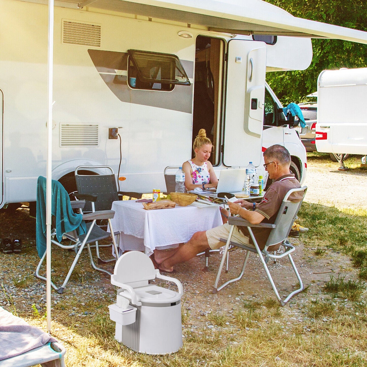 Compact Folding RV Camping Toilet with Support Handles