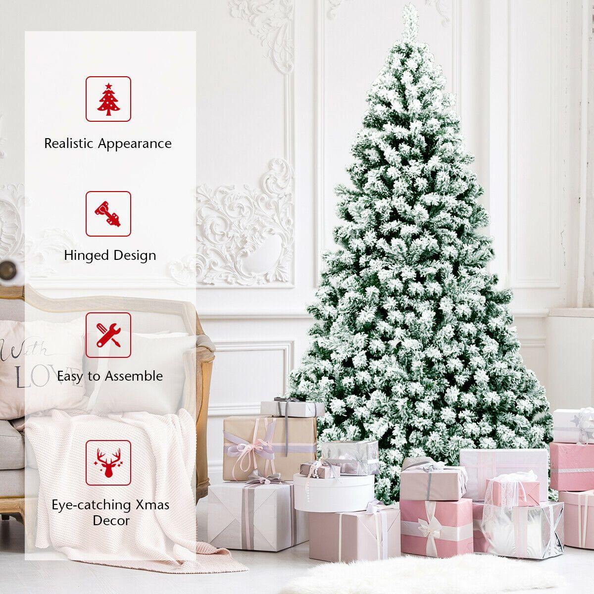 7.5Ft Pre-Lit Premium Snow Flocked Hinged Artificial Christmas Tree With 550 Lights - Until Times Up