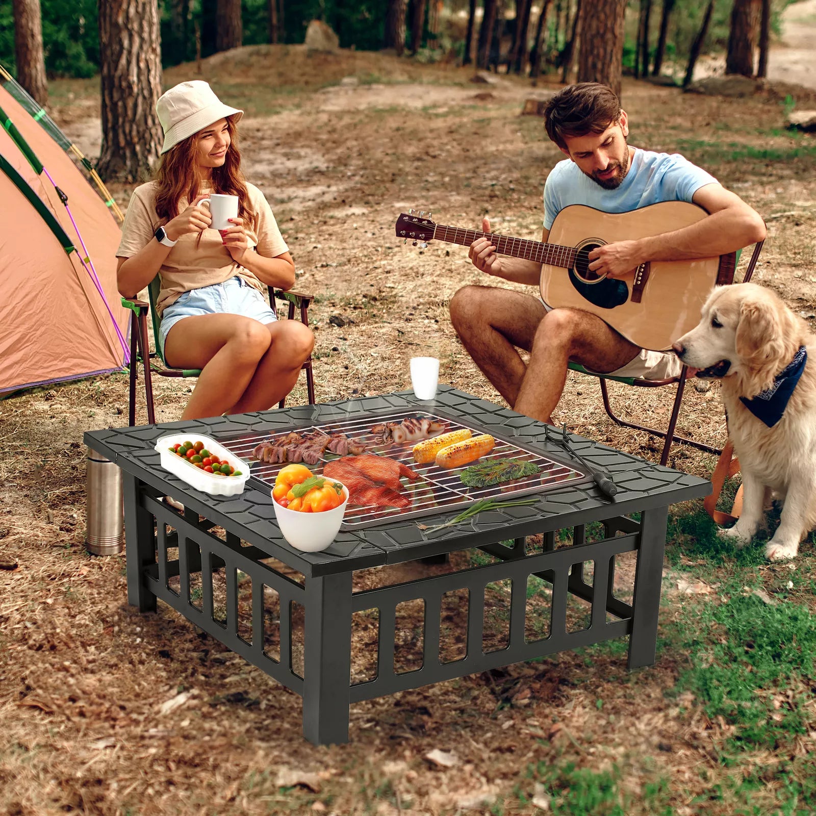 Outdoor Fire Pit Table with Lid and BBQ Grill - Halri