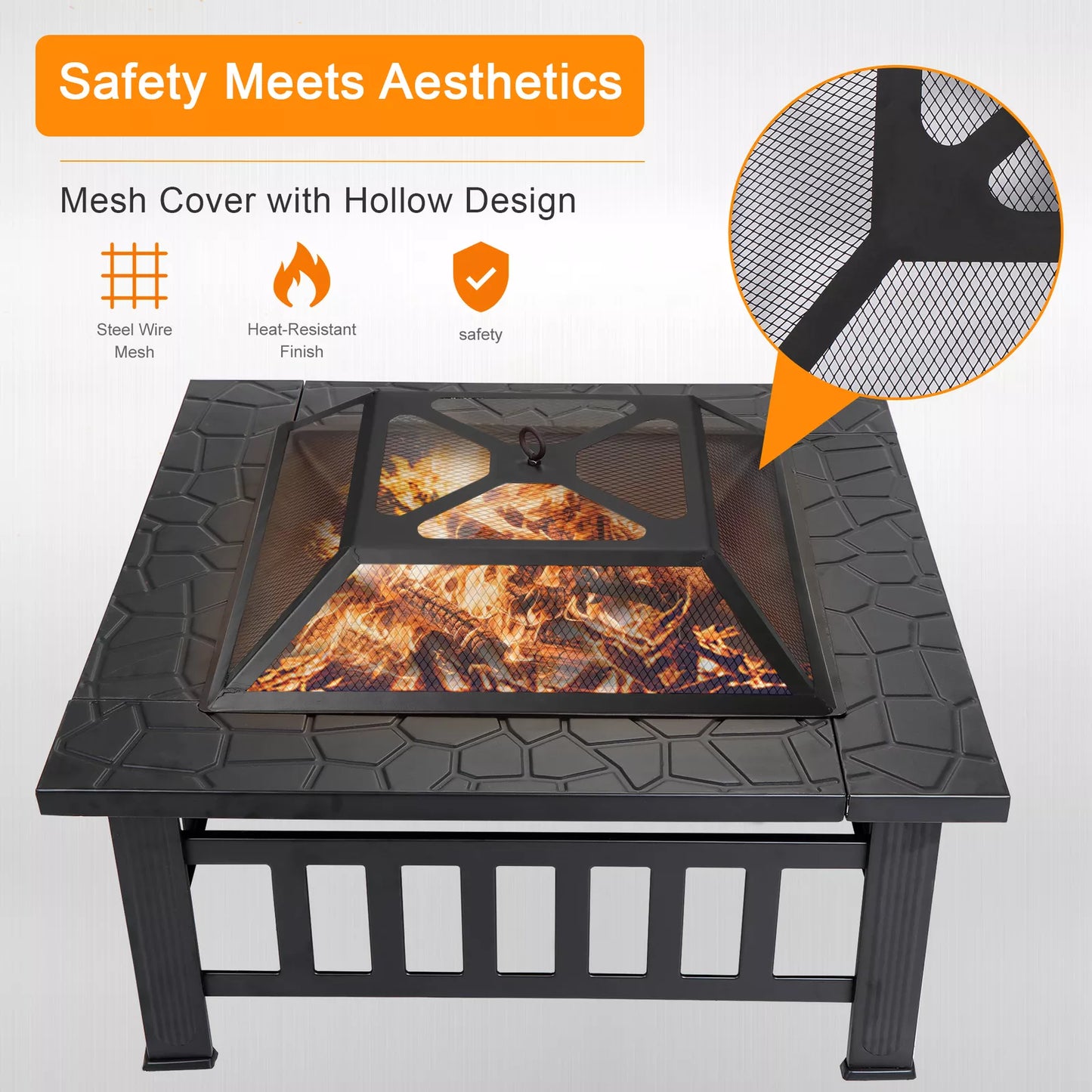 Outdoor Fire Pit Table with Lid and BBQ Grill
