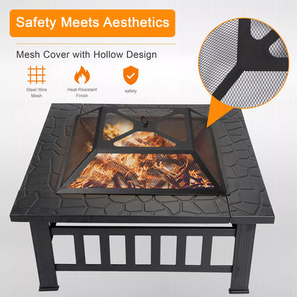 Outdoor Fire Pit Table with Lid and BBQ Grill