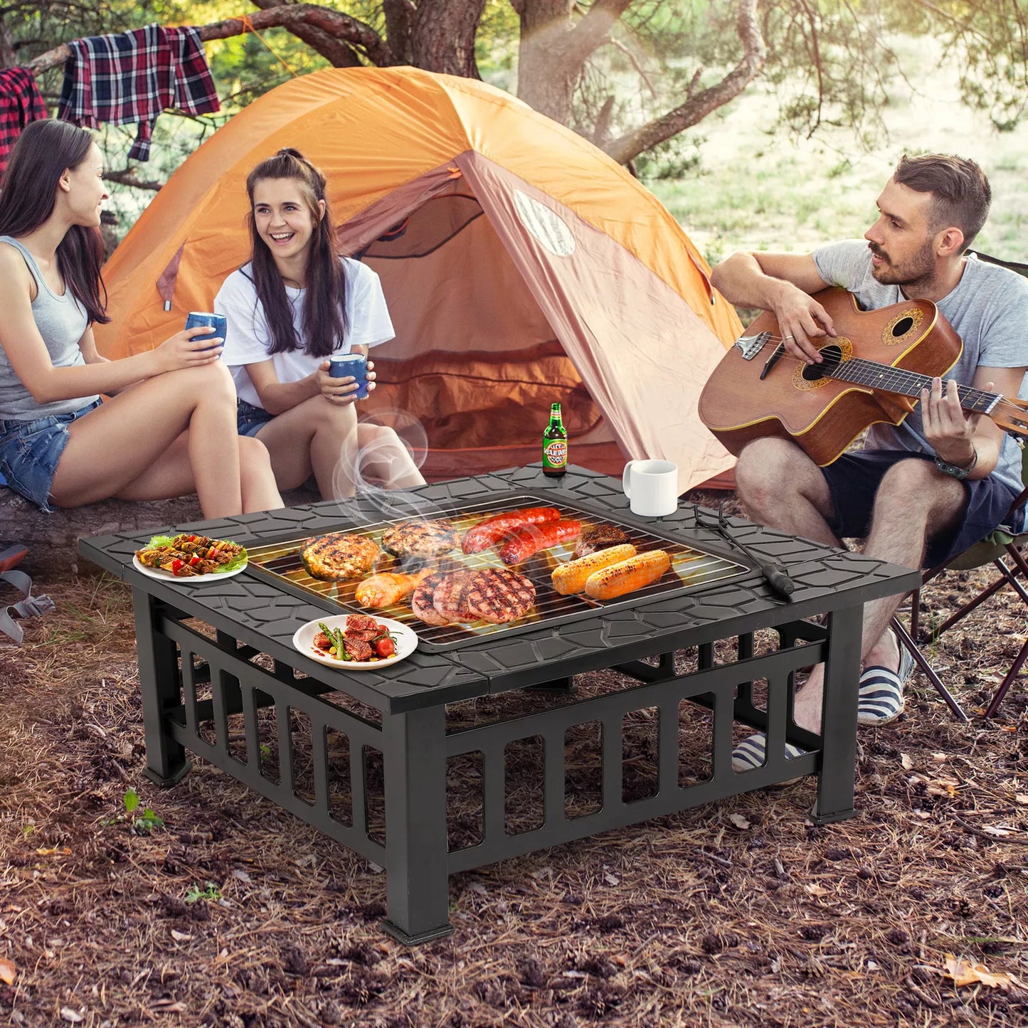 Outdoor Fire Pit Table with Lid and BBQ Grill