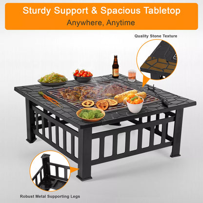 Outdoor Fire Pit Table with Lid and BBQ Grill