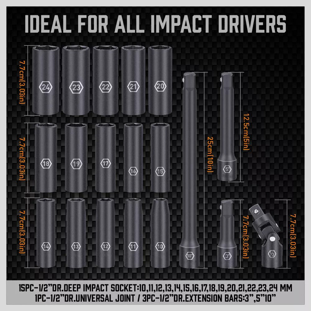 Complete 19 Piece Impact Socket Driver Set