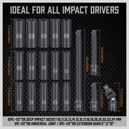 Complete 19 Piece Impact Socket Driver Set