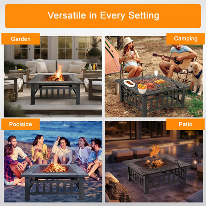 Outdoor Fire Pit Table with Lid and BBQ Grill