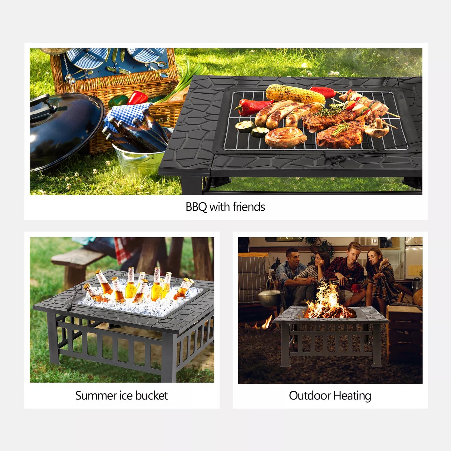 Outdoor Fire Pit Table with Lid and BBQ Grill