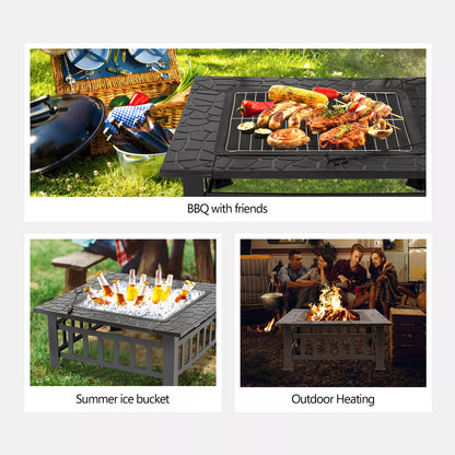 Outdoor Fire Pit Table with Lid and BBQ Grill