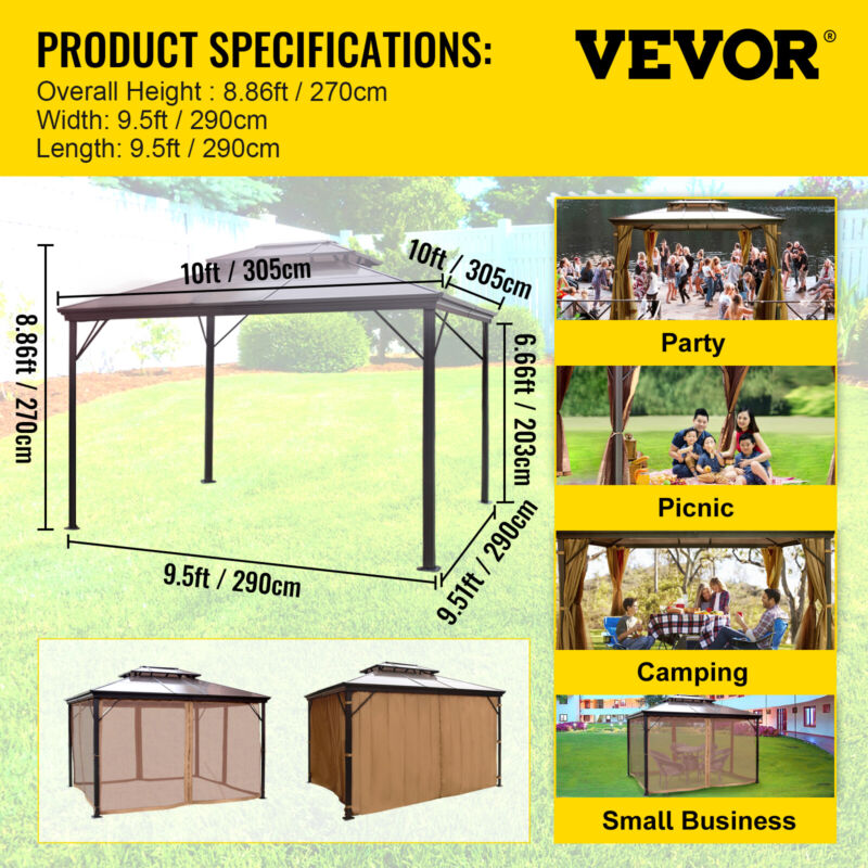 Durable 10x10 Gazebo Metal Frame with Netting and Drapes